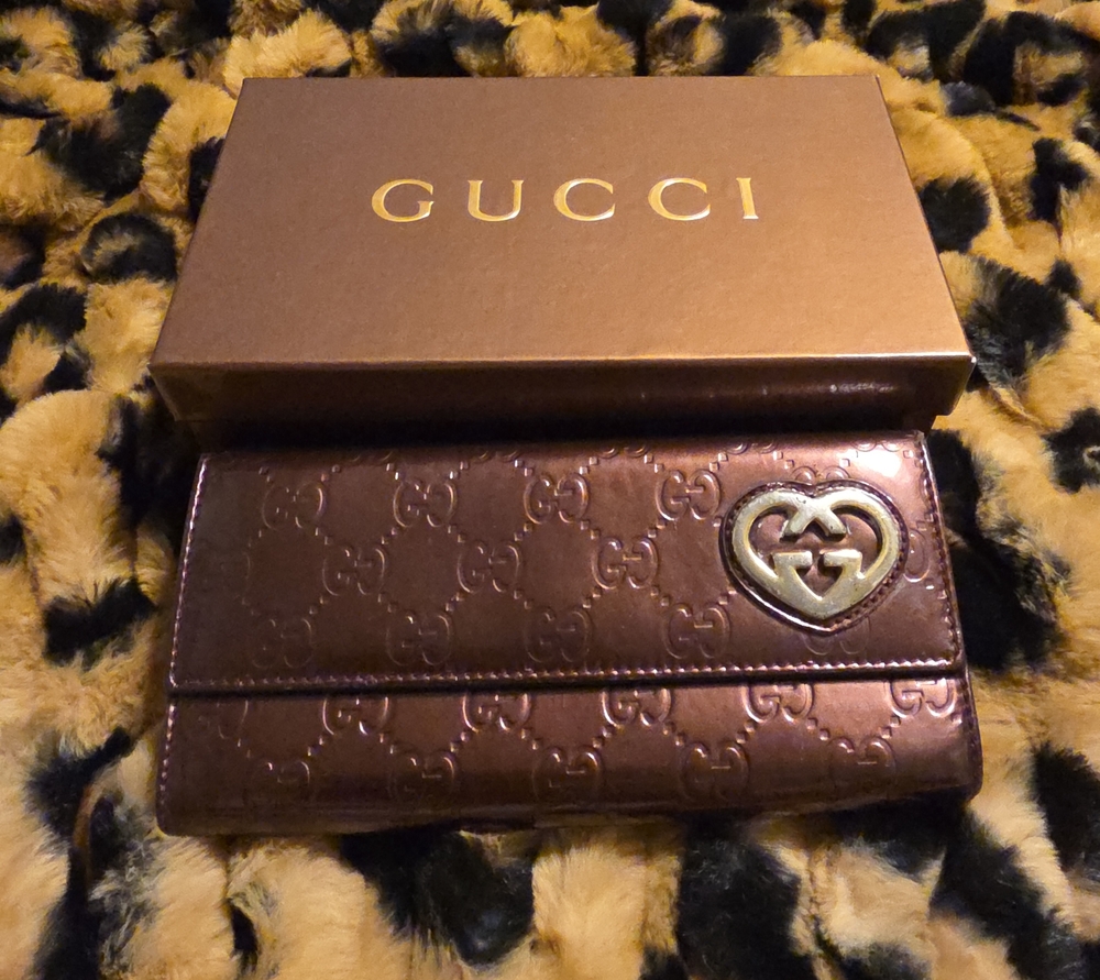 Gucci Metallic Brown GG Embossed Continental Wallet with Gold Heart Logo